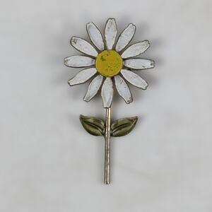 Vintage White Daisy Brooch Enamel Flower Pin Retro 1960s Jewelry Mid Century